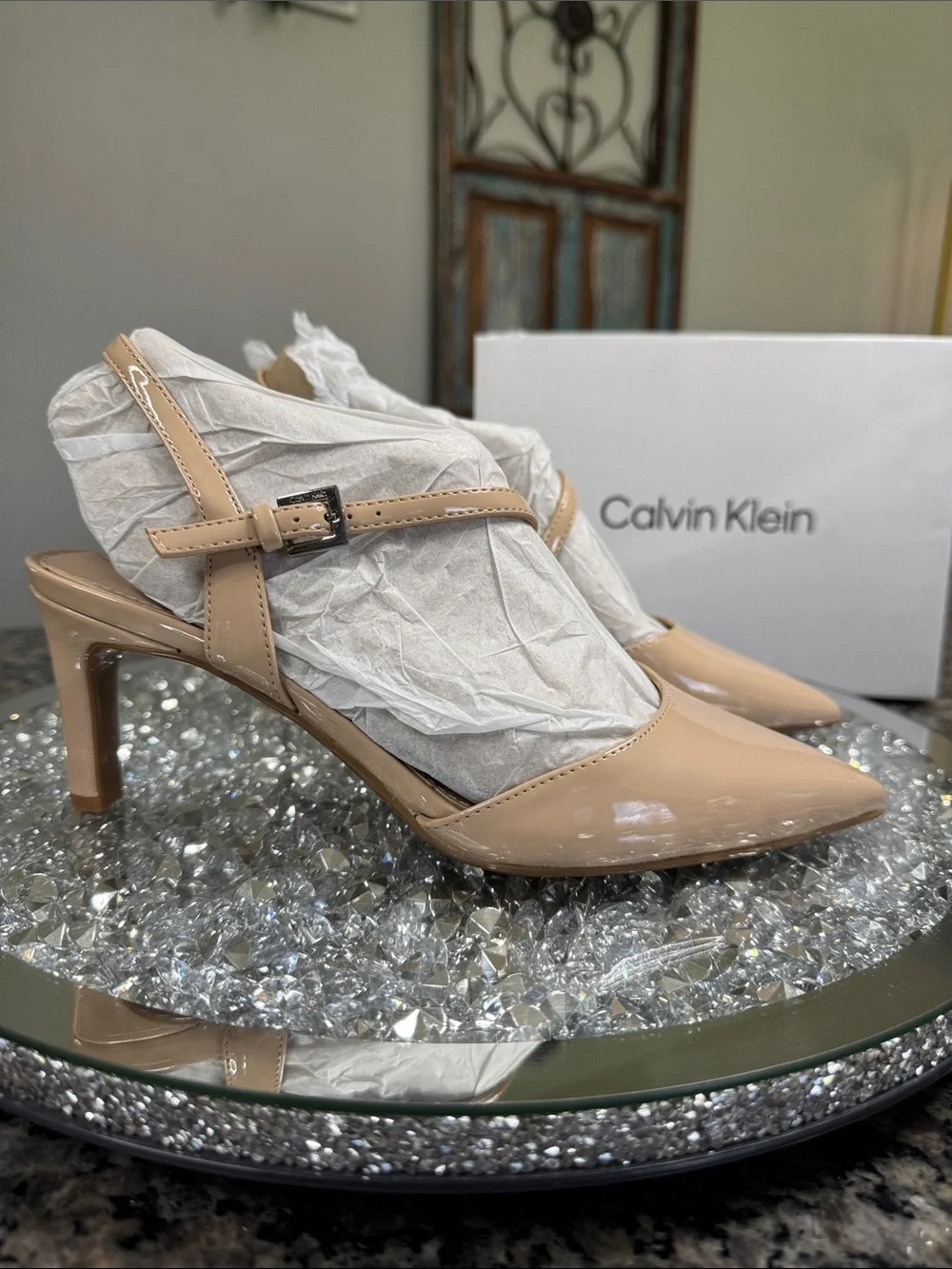 Calvin Klein nude Patent Slingback kitten heel Pumps NEW 7.5